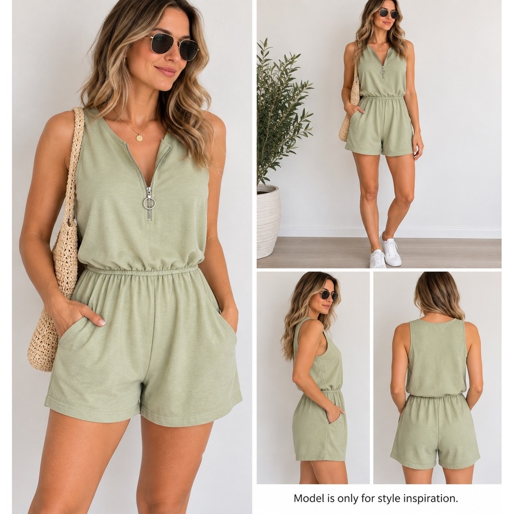 Ambiance Romper Womens M Sage Green Half Zip Sleeveless Elastic Waist Pockets